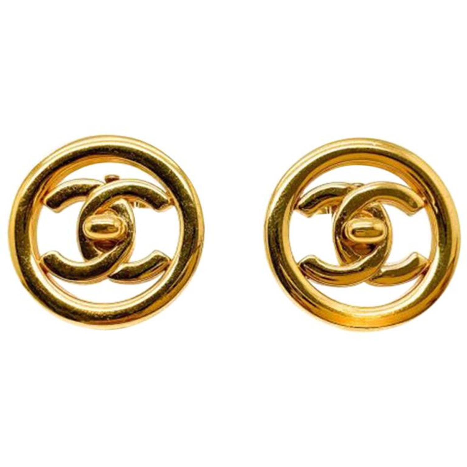 Chanel Large Matelasse Earrings CC Logo Clip Style Gilt Metal 1970s