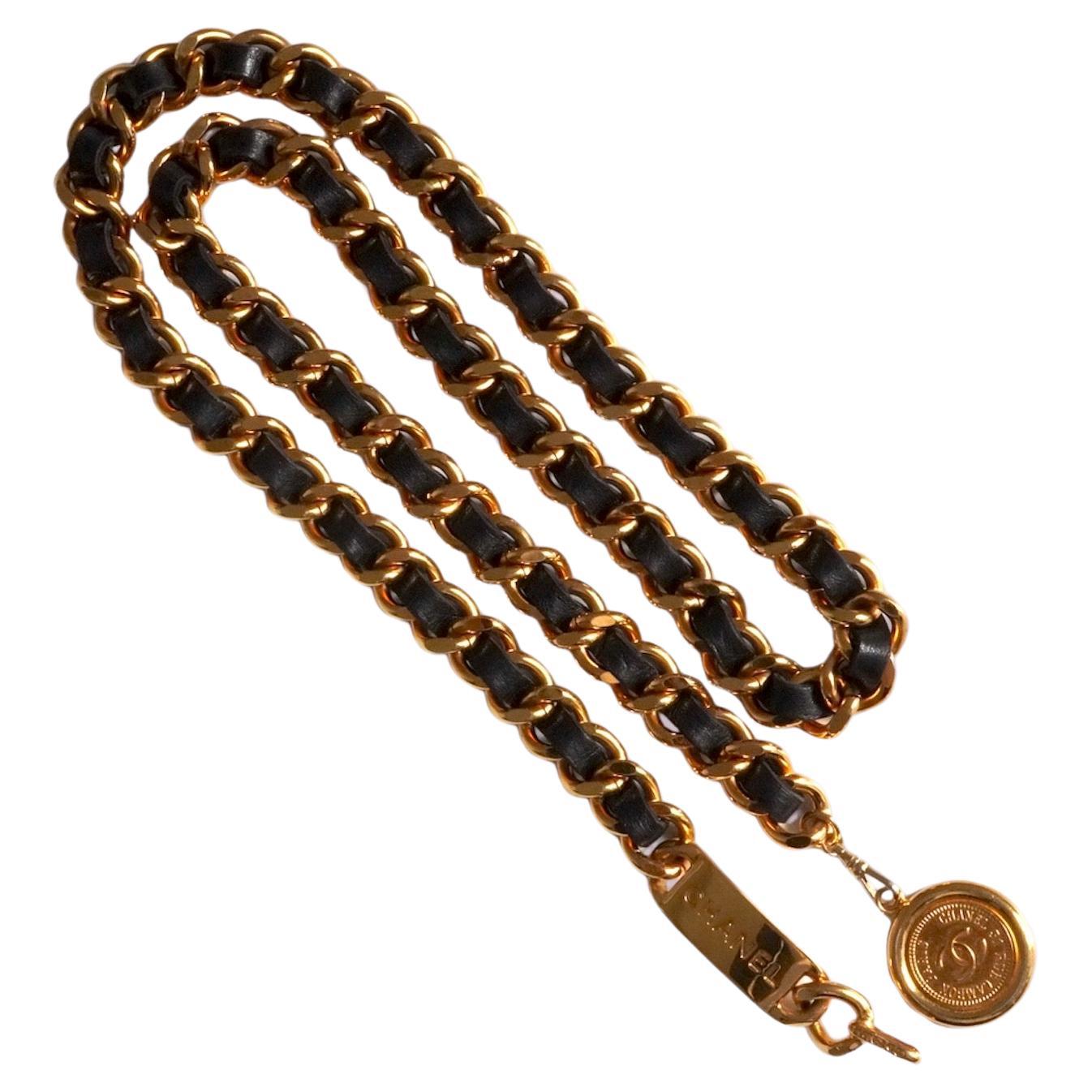 Vintage Chanel Gold Chain & Leather Belt For Sale