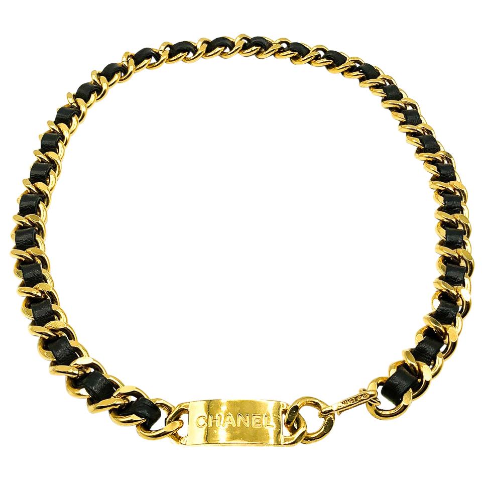 Vintage Chanel Gold Chain & Leather Logo Belt 1980s For Sale