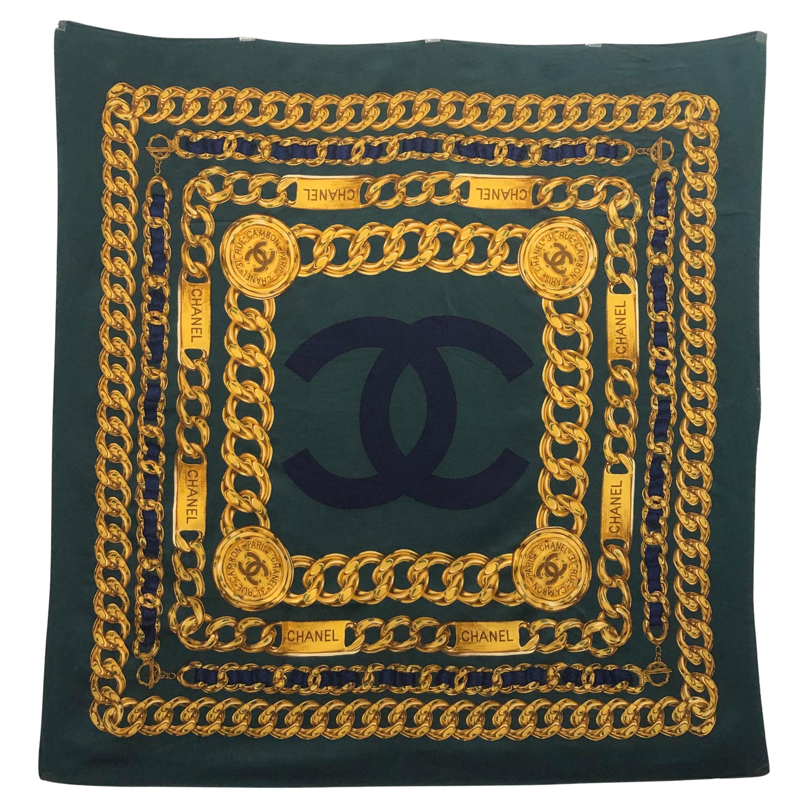 Vintage CHANEL Gold Chain Printed Silk Scarf Emerald Gold For Sale