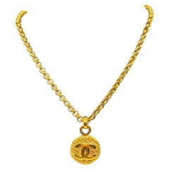 Antique CHANEL Gold Circle CC Logo Pendant Long Necklace