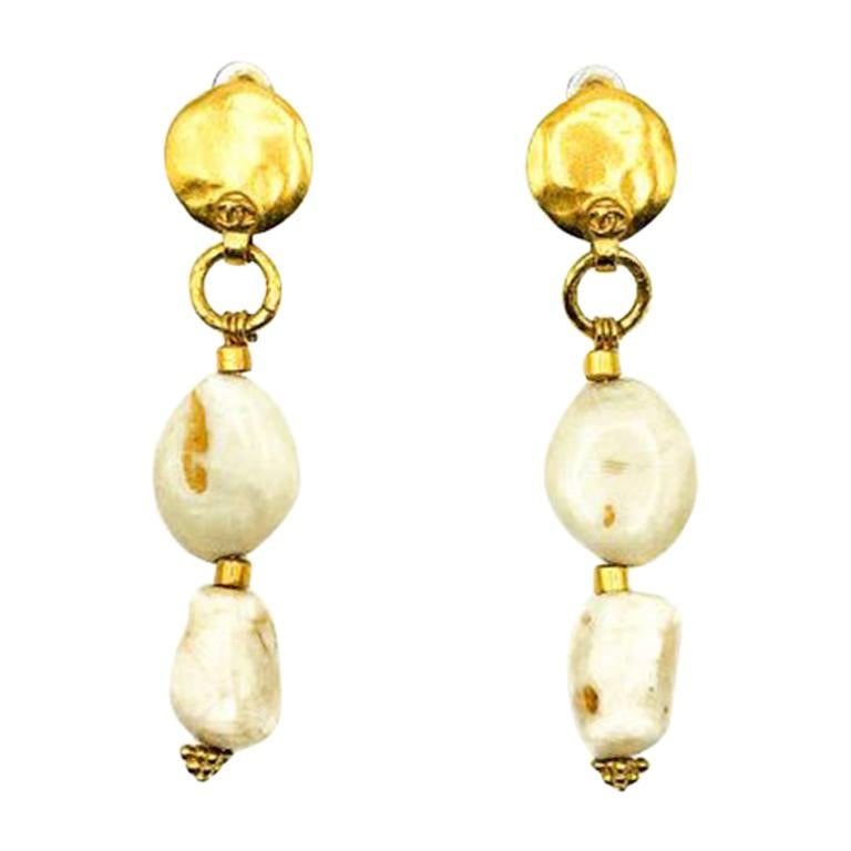 Chanel 22C Heart Shape Gold Pearl White CC Logo Statement Stud Drop Long  Earring