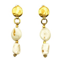 Vintage Chanel Gold & Cream Pebble Long Hot Summer Logo Earrings 1998