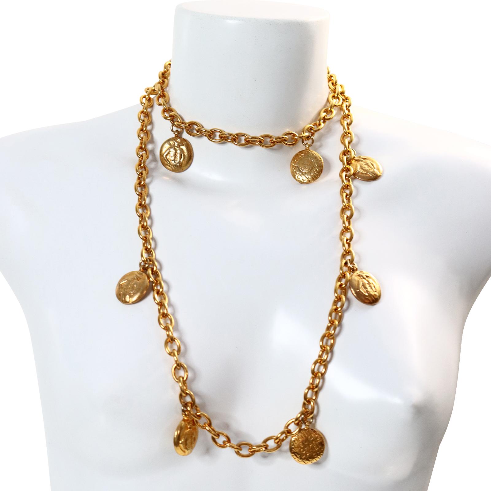 Artist Vintage Chanel Gold Disc Chanel and Coco on Long Necklace Circa 1980s For Sale