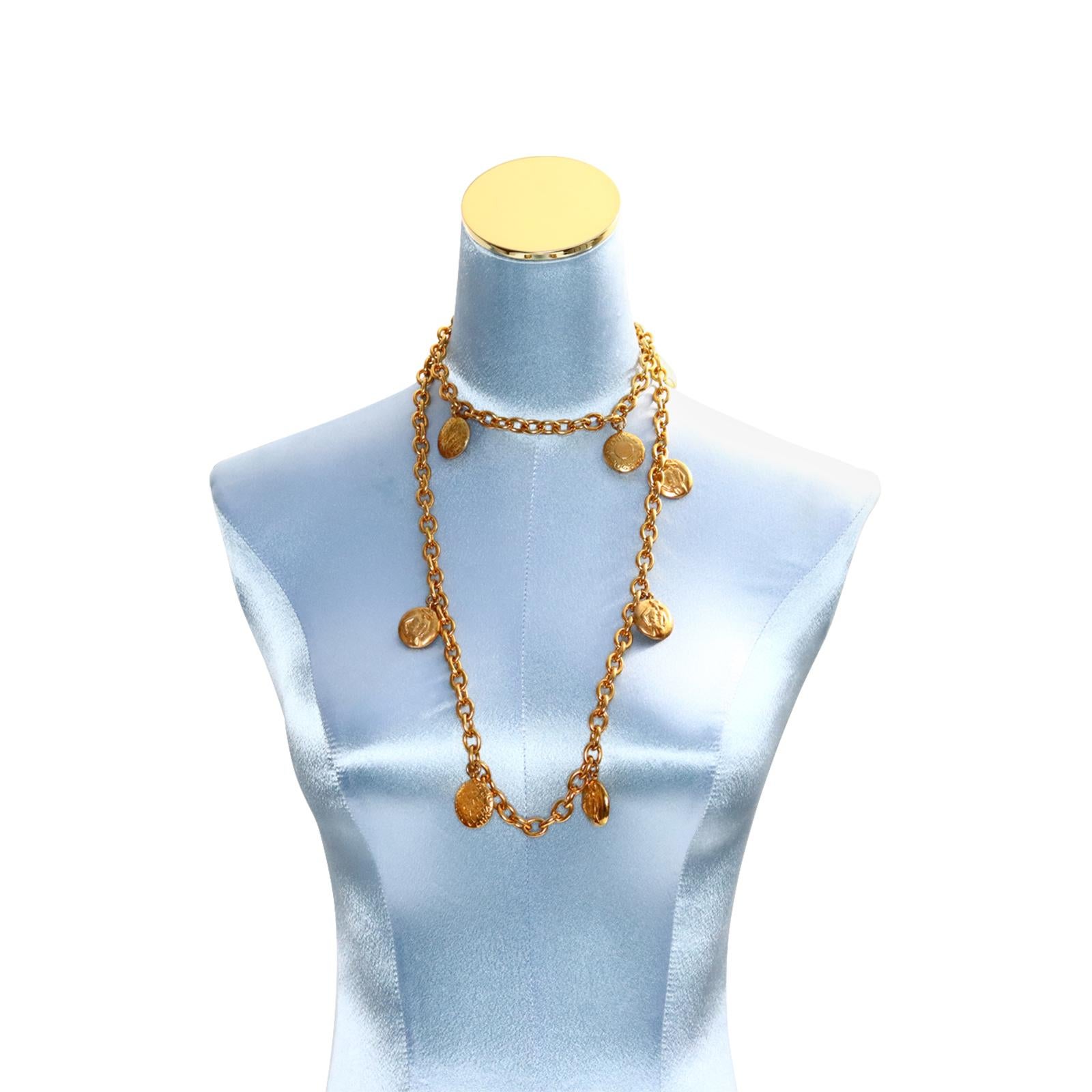 Vintage Chanel Gold Disc Chanel and Coco on Long Necklace Circa 1980s For Sale 3