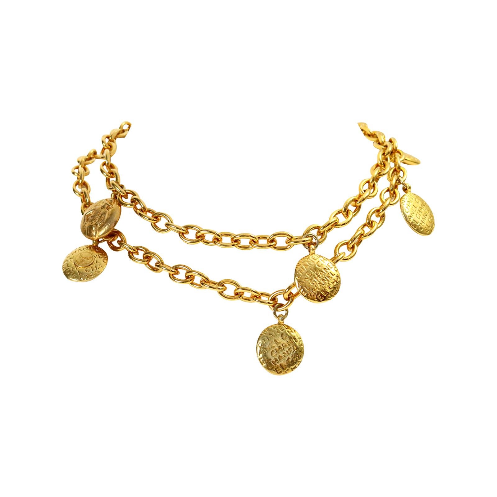 Vintage Chanel Gold Disc Chanel and Coco on Long Necklace Circa 1980s For Sale 12