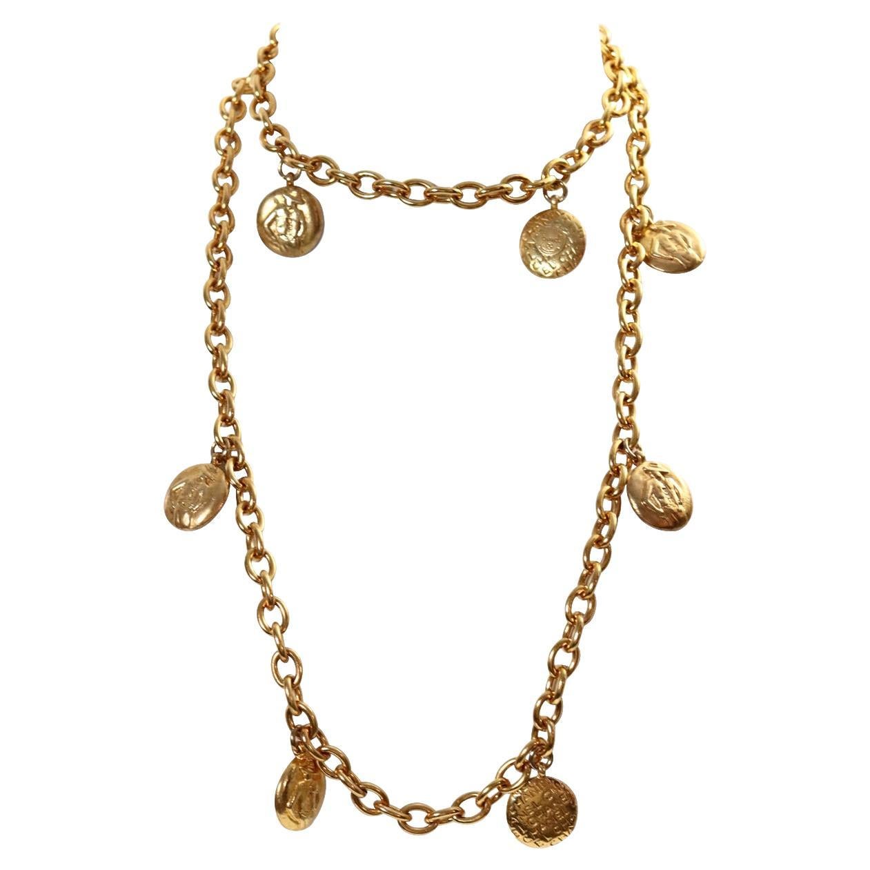 Vintage Chanel Gold Disc Chanel and Coco on Long Necklace Circa 1980s