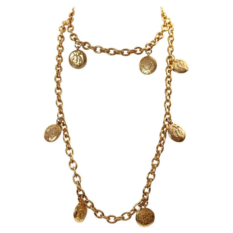 Vintage Chanel Gold Disc Chanel and Coco on Long Necklace Circa