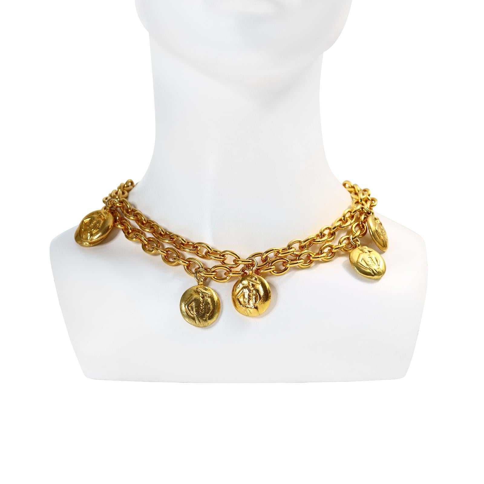Vintage Chanel Gold Disc Chanel and Coco on Long Necklace Circa 1980s For Sale 5