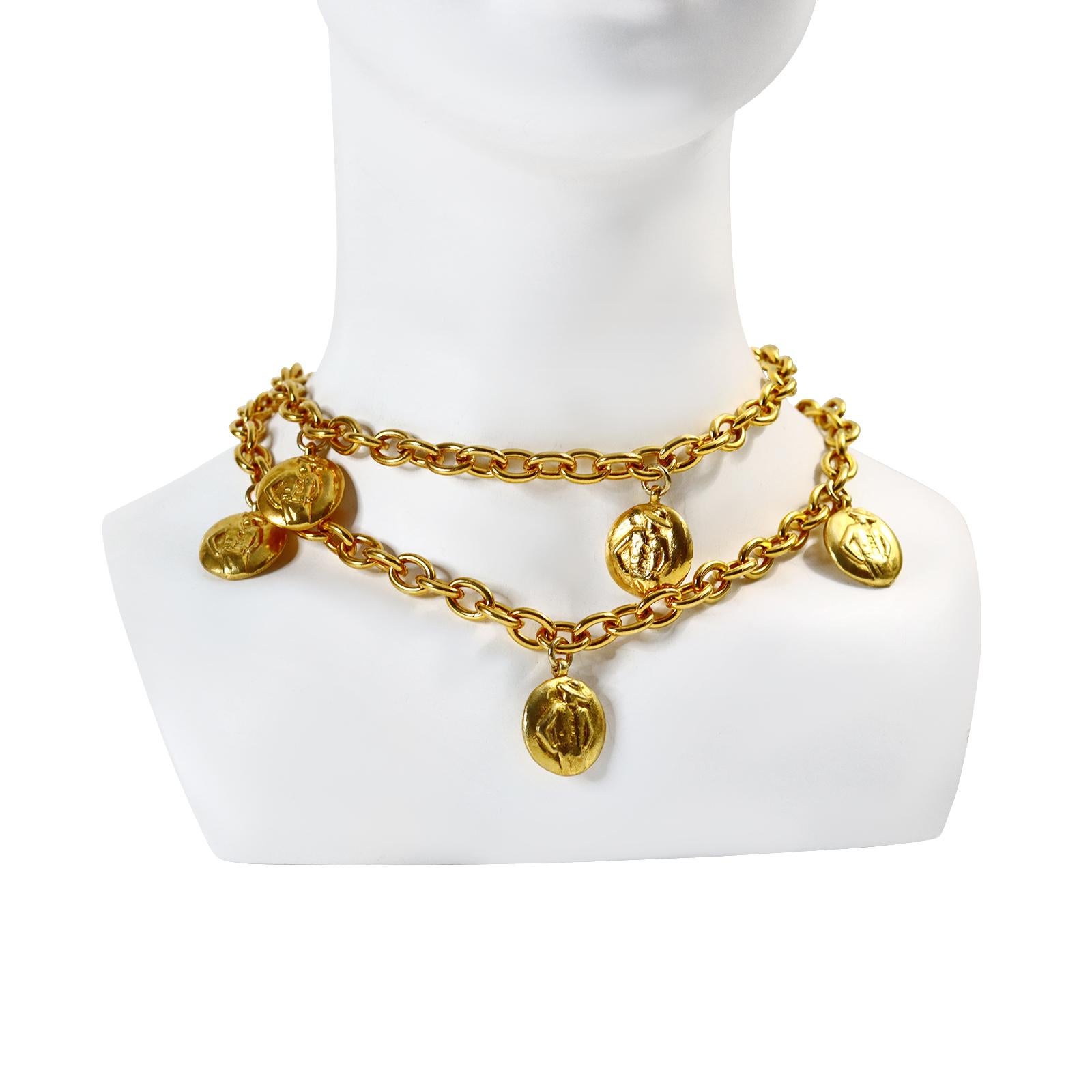 Vintage Chanel Gold Disc Chanel and Coco on Long Necklace Circa 1980s In Good Condition For Sale In New York, NY