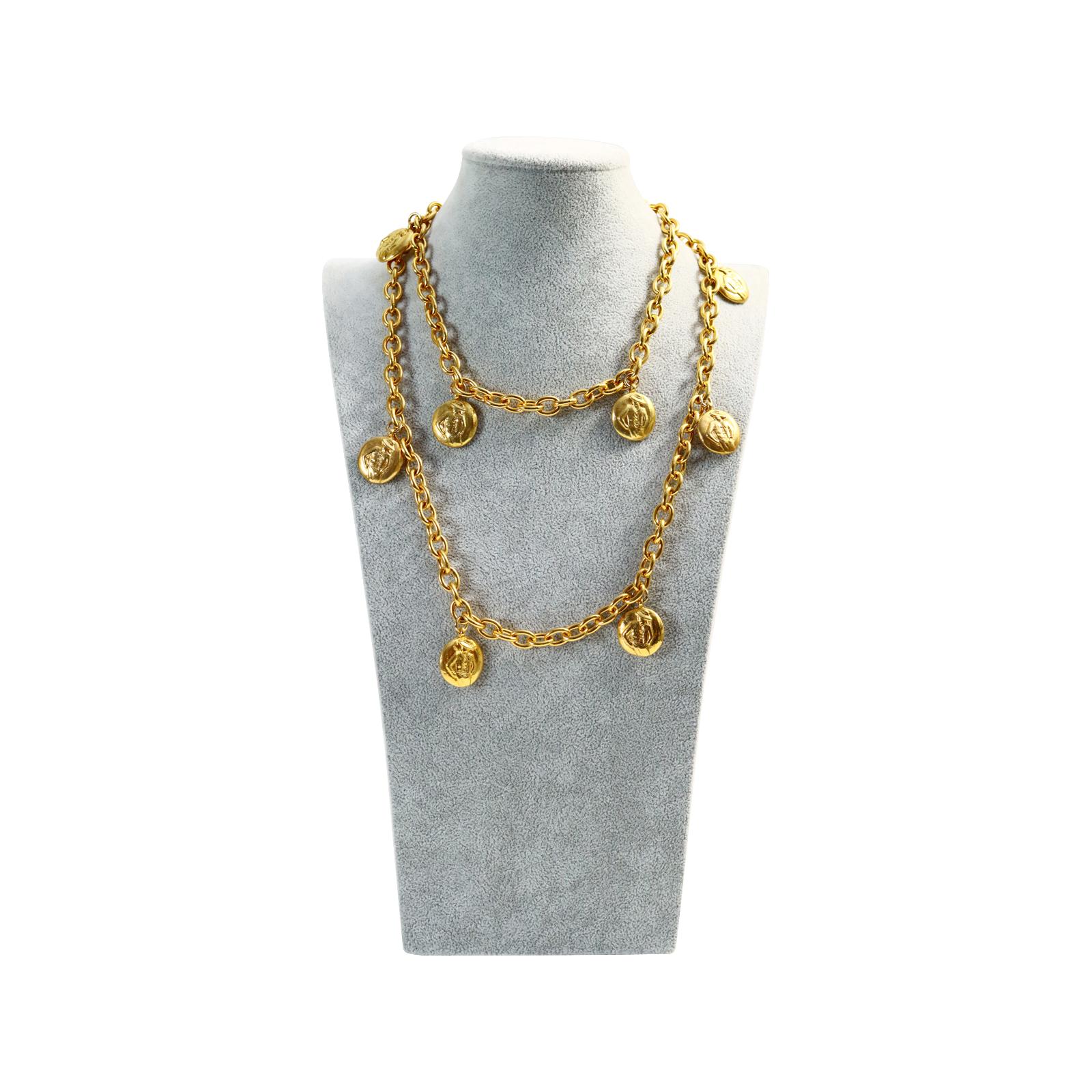 Vintage Chanel Gold Disc Chanel and Coco on Long Necklace Circa 1980s For Sale 7