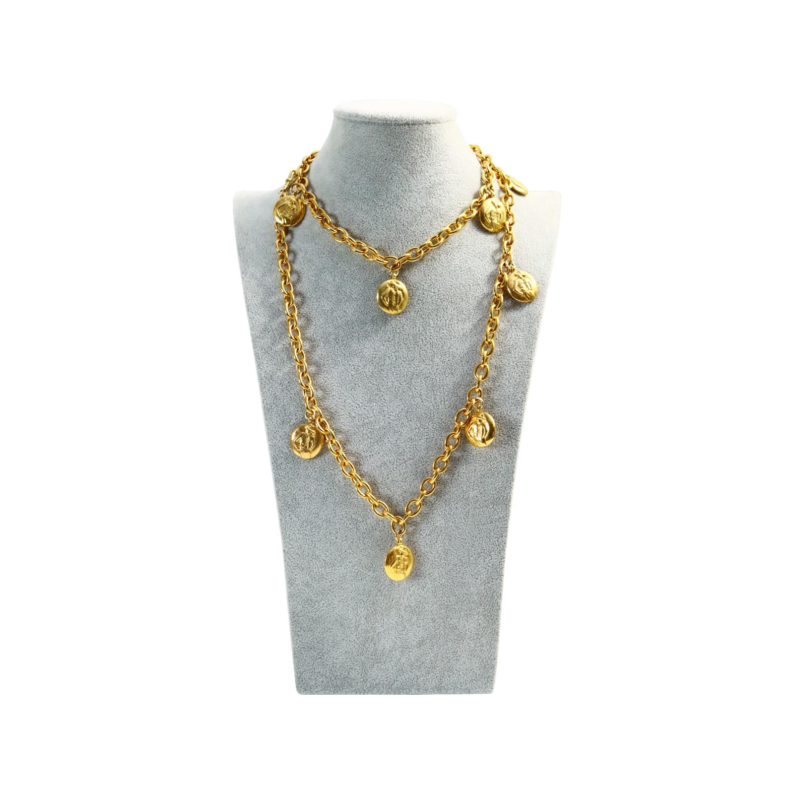 Vintage Chanel Gold Disc Chanel and Coco on Long Necklace Circa 1980s For Sale 6