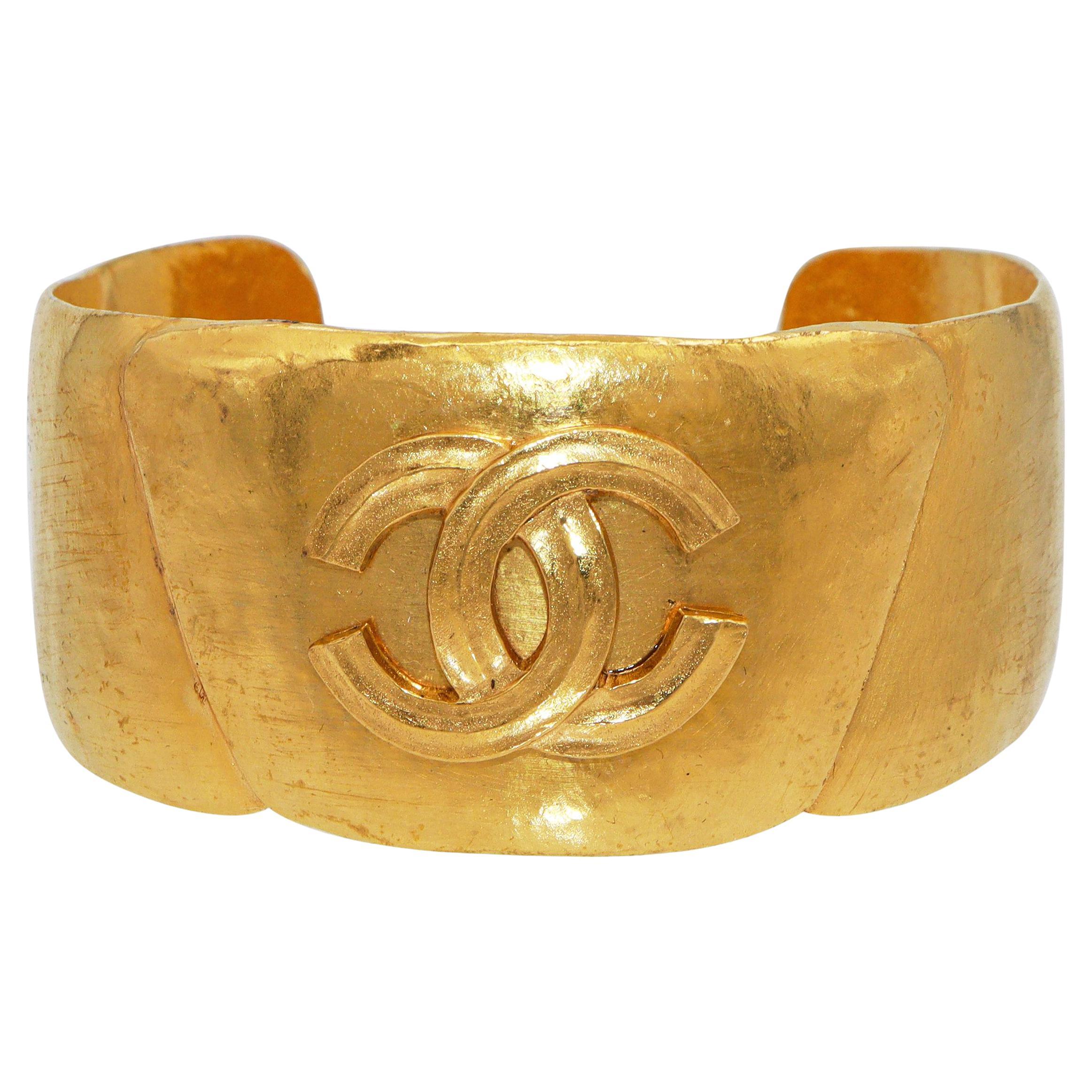 Vintage Chanel Gold-Finish Wide CC Logo Statement Cuff Bracelet