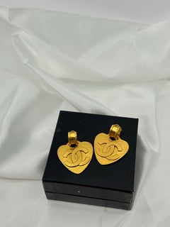 Vintage CHANEL Gold Heart CC Logo Clip On Dangle Earrings