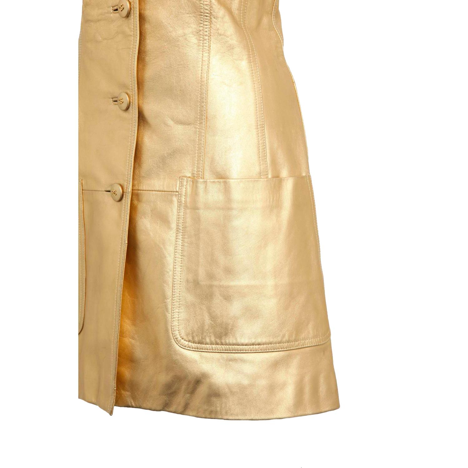 Vintage Chanel Gold Leather Dress 1994 In Excellent Condition For Sale In Hoffman Estates, IL