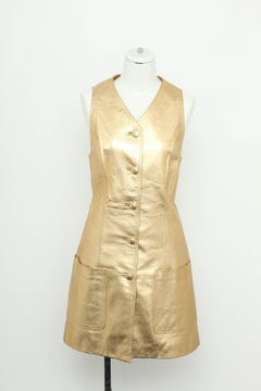 Vintage Chanel Gold Leather Vest Dress with CC Buttons 1980's