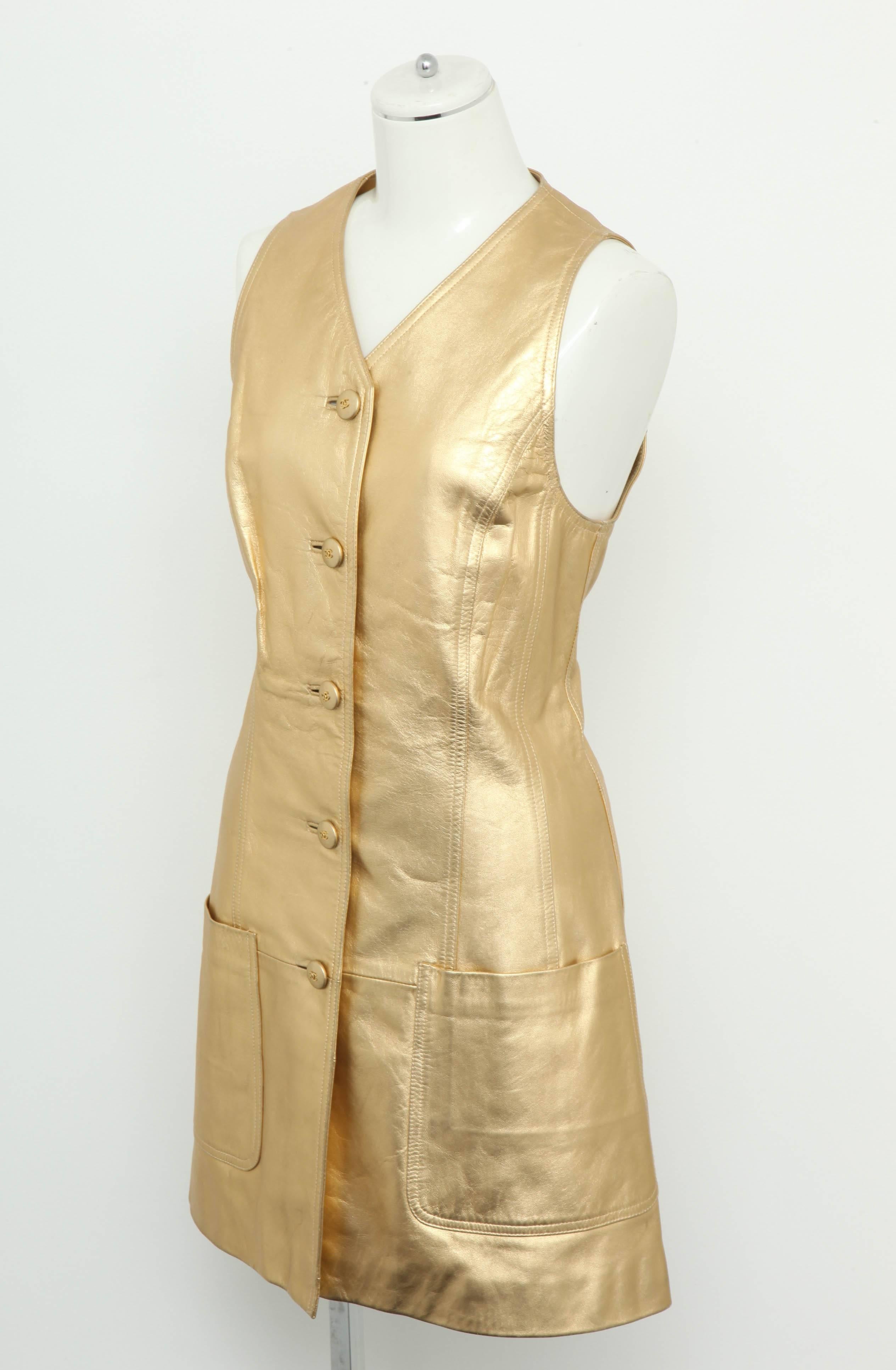 Vintage Chanel Gold Leather Vest Dress with CC Buttons 1980's In Excellent Condition For Sale In Chicago, IL