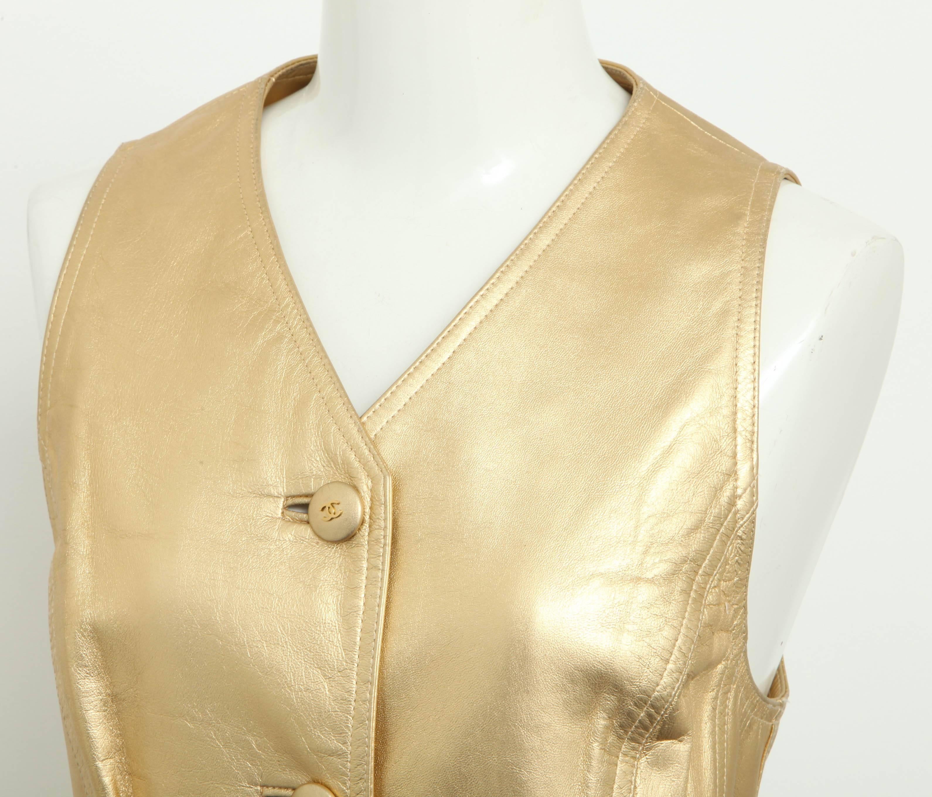 Vintage Chanel Gold Leather Vest Dress with CC Buttons 1980's For Sale 2