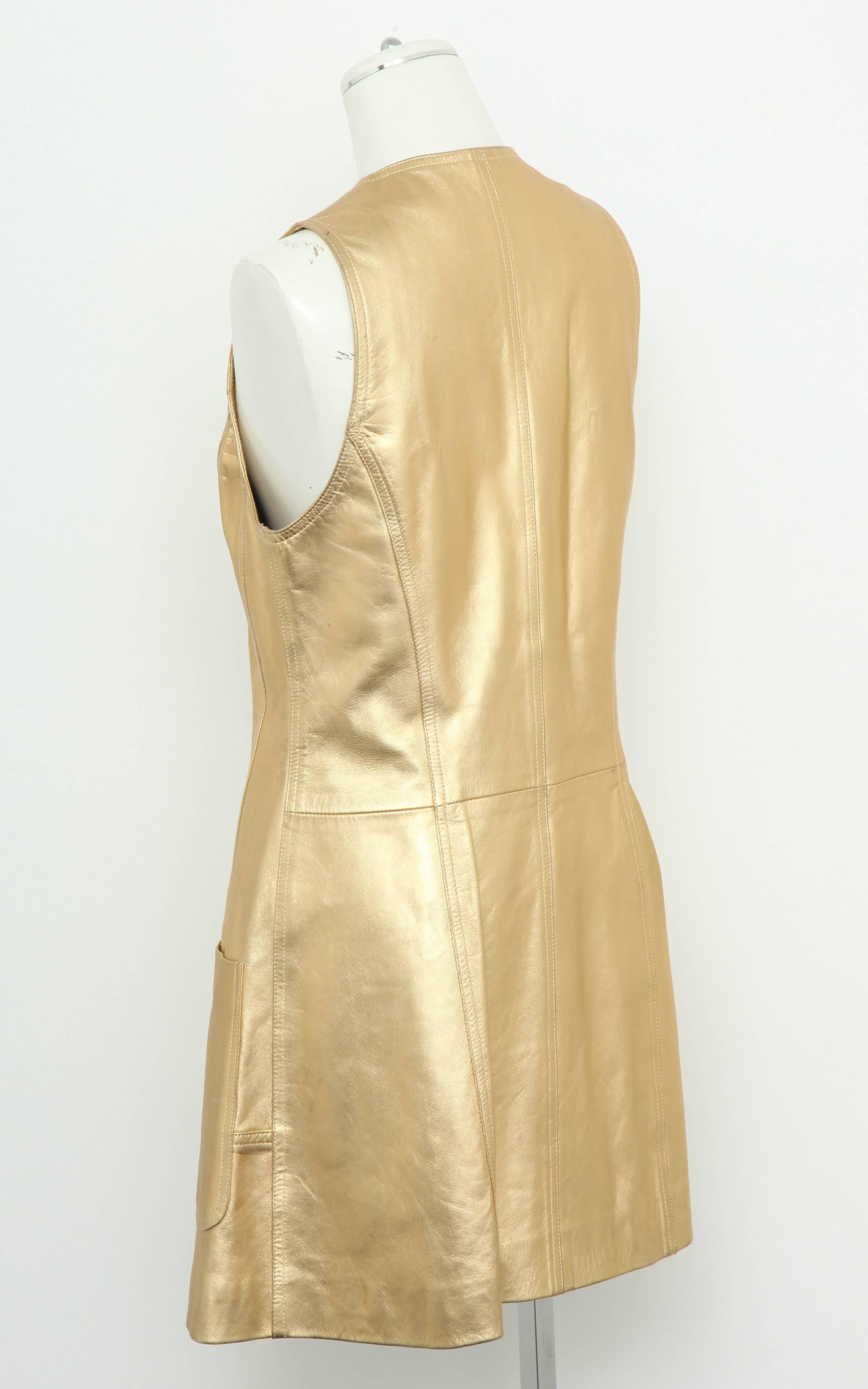 Vintage Chanel Gold Leather Vest Dress with CC Buttons 1980's For Sale 3