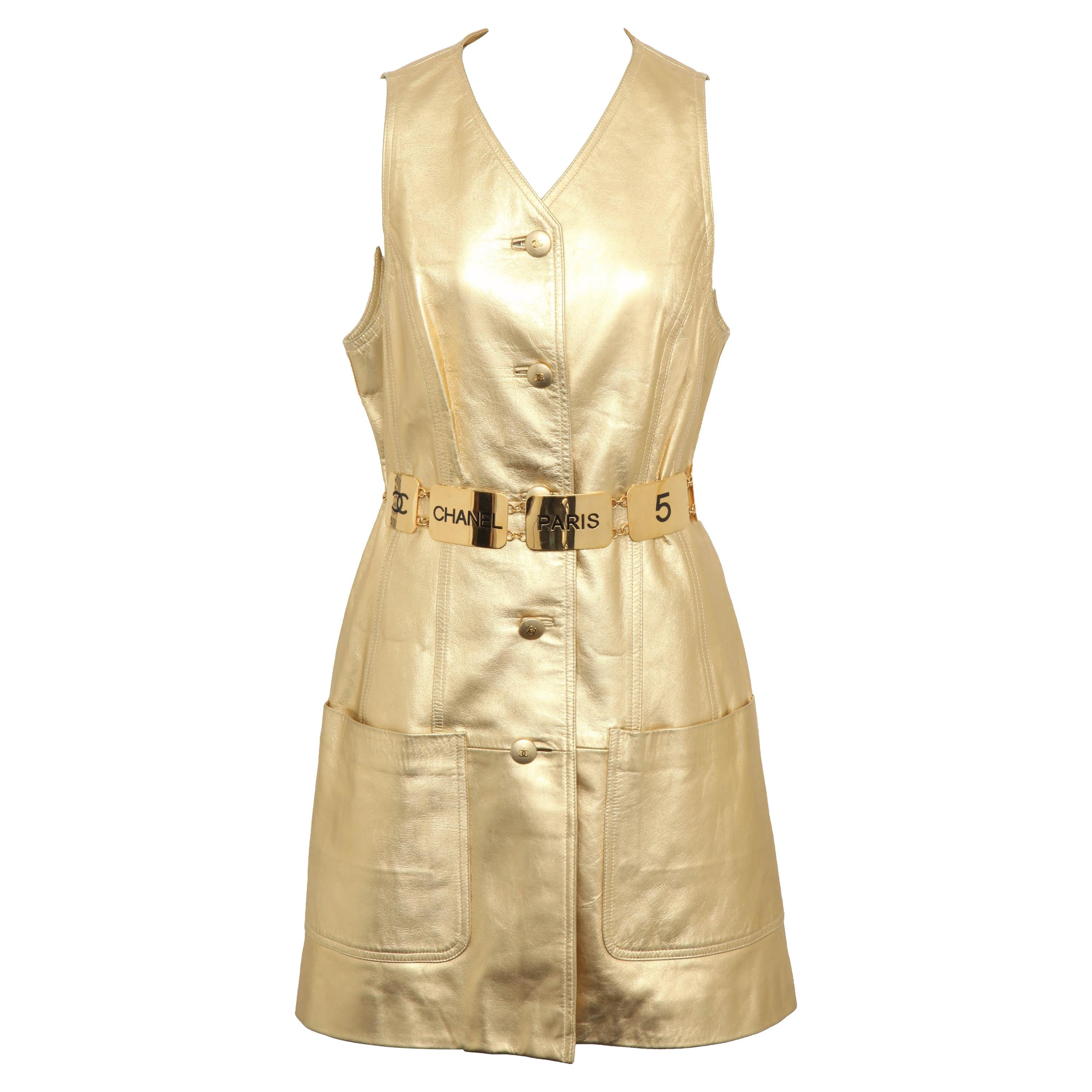 Vintage Chanel Gold Leather Vest Dress with CC Buttons 1980's For Sale
