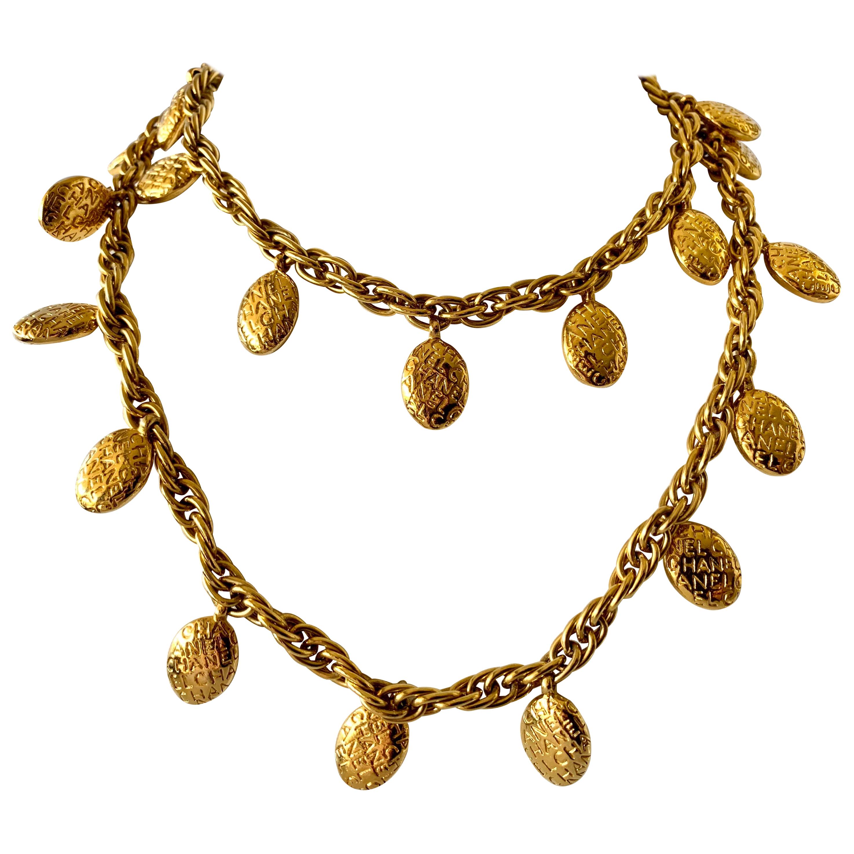 Vintage Chanel Gold Nugget Logo Necklace 