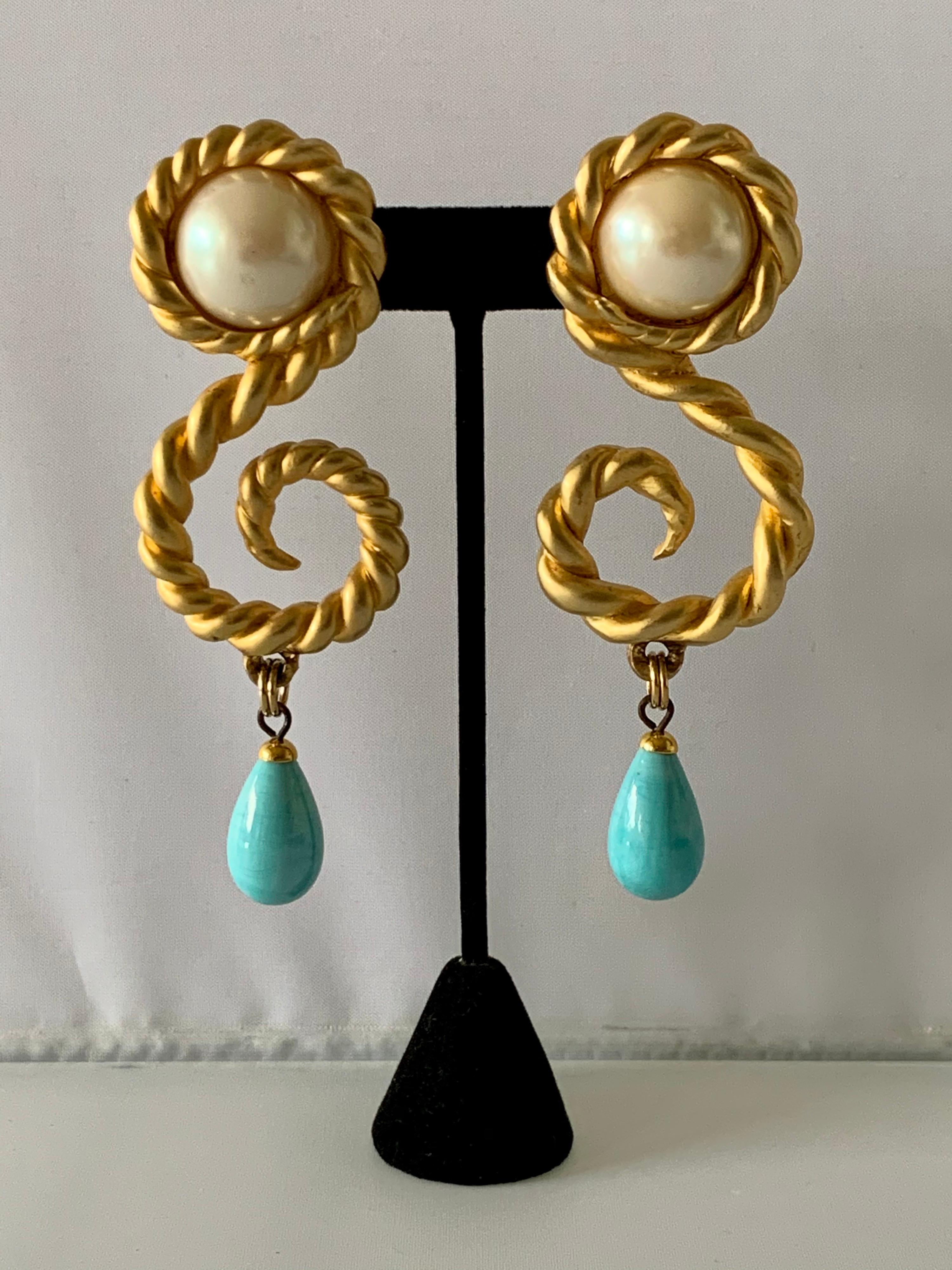 Baroque Vintage Chanel  Gold Swirl Pearl and Turquoise Statement Earrings 