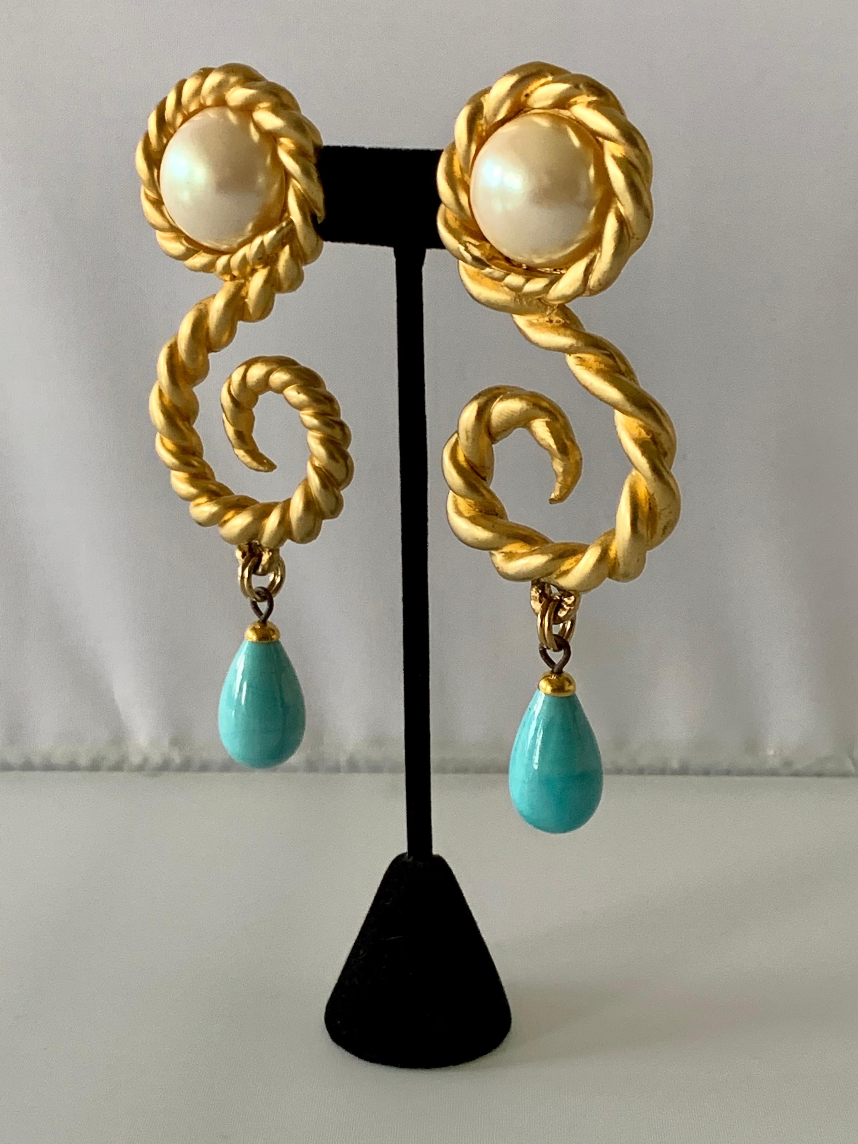 Bead Vintage Chanel  Gold Swirl Pearl and Turquoise Statement Earrings 