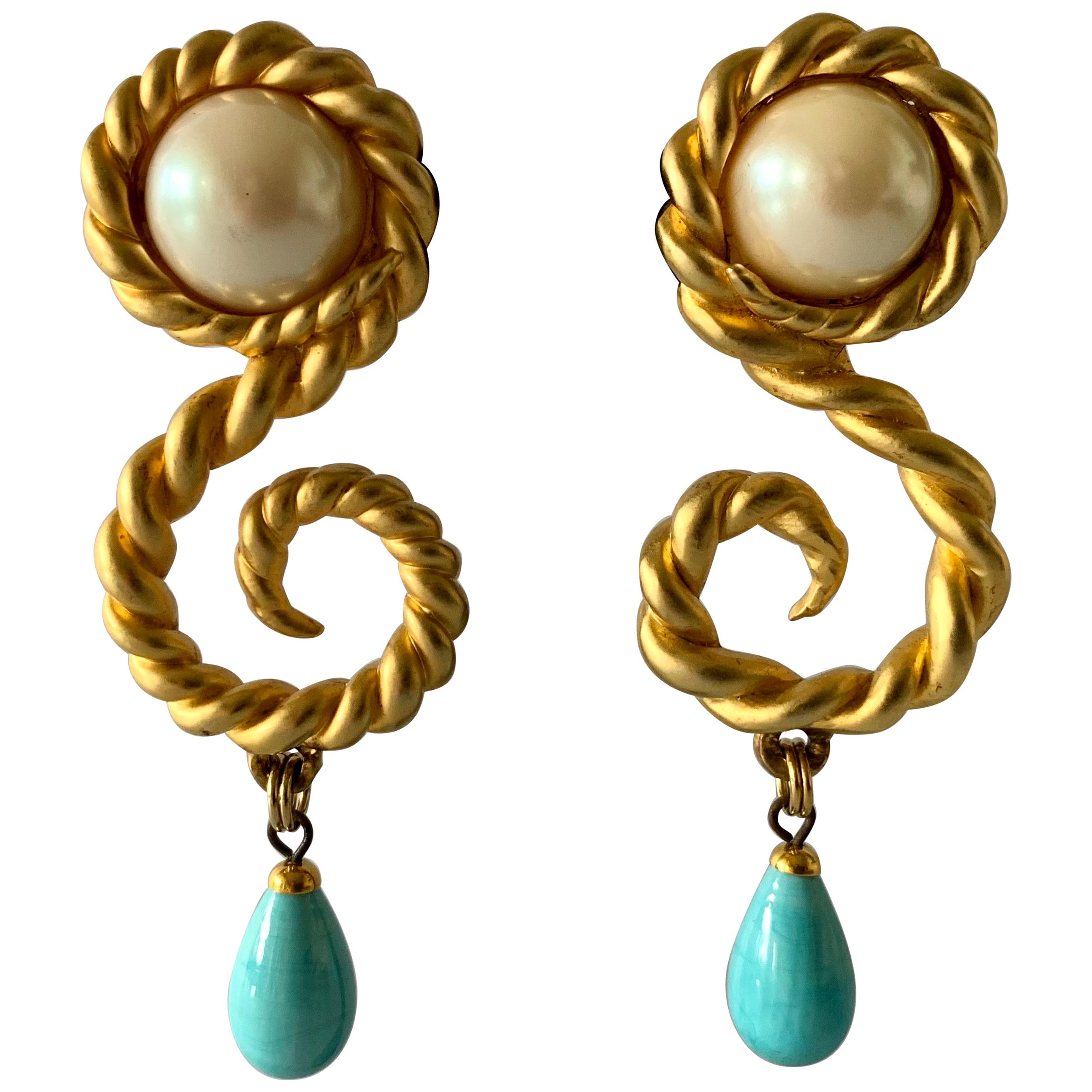 Vintage Chanel  Gold Swirl Pearl and Turquoise Statement Earrings 