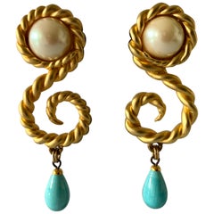 Vintage Chanel  Gold Swirl Pearl and Turquoise Statement Earrings