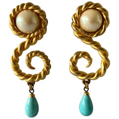 Retro Chanel  Gold Swirl Pearl and Turquoise Statement Earrings 