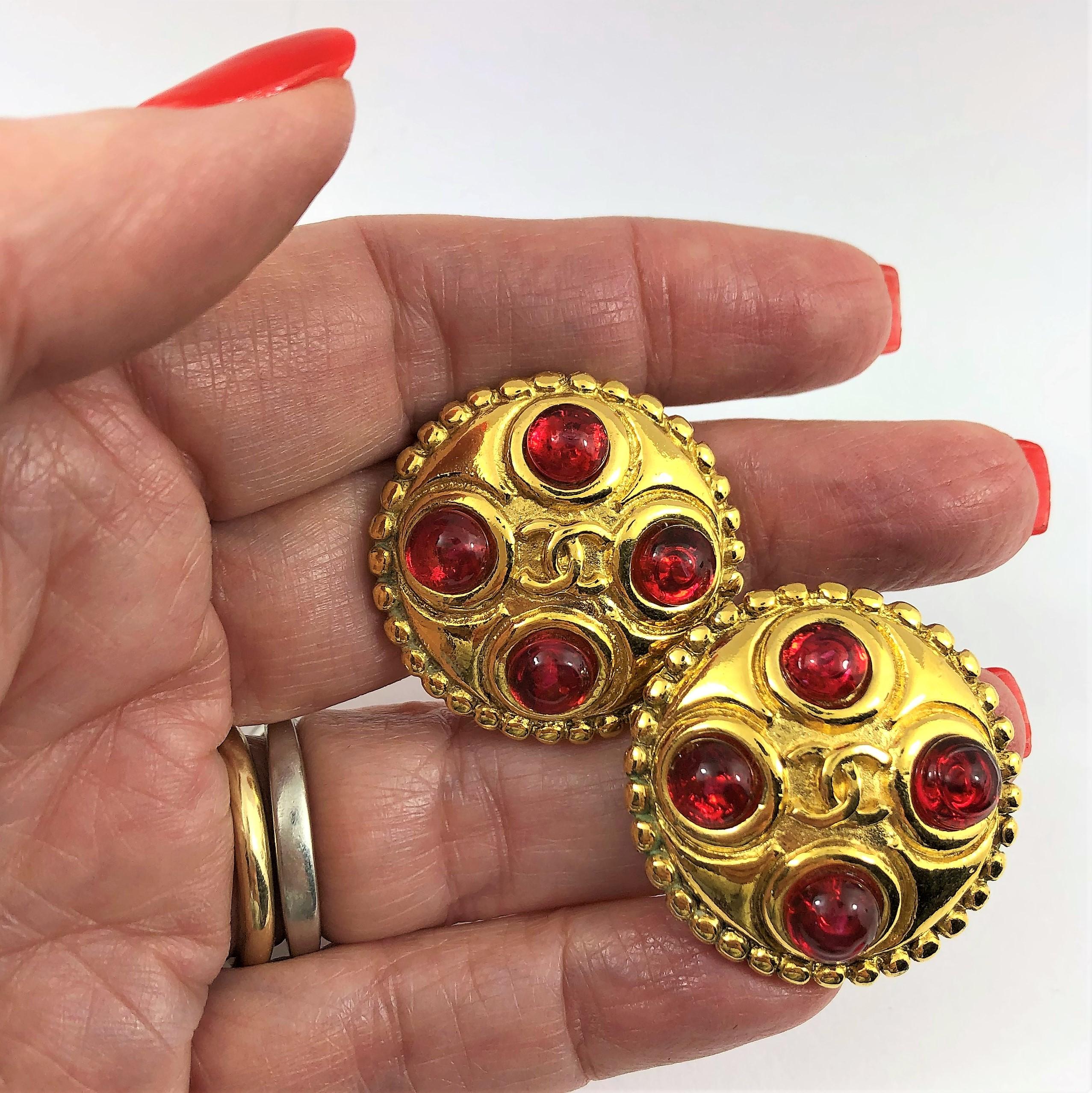 Vintage Chanel Gold Tone and Red Gripoix Earrings 1986 In Good Condition In Palm Beach, FL