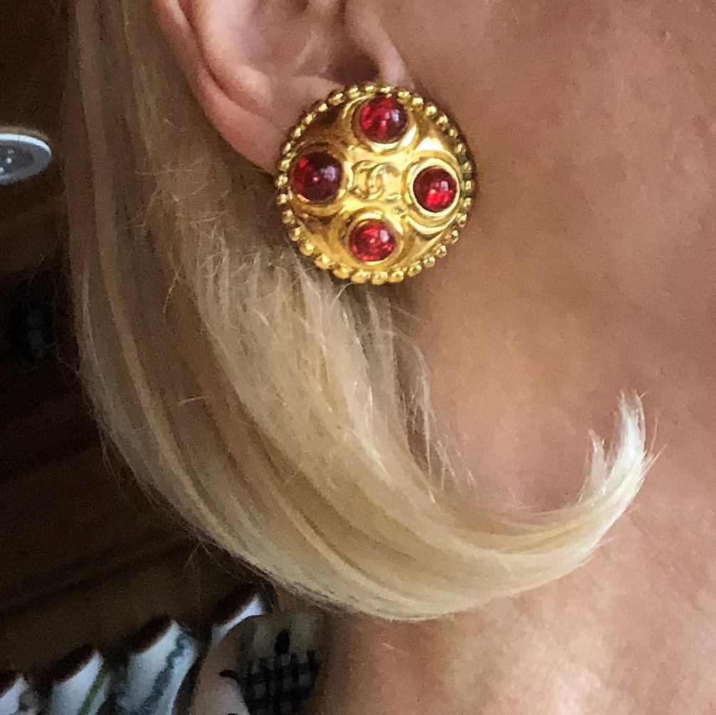 Vintage Chanel Gold Tone and Red Gripoix Earrings 1986 3