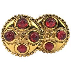 Vintage Chanel Gold Tone and Red Gripoix Earrings 1986