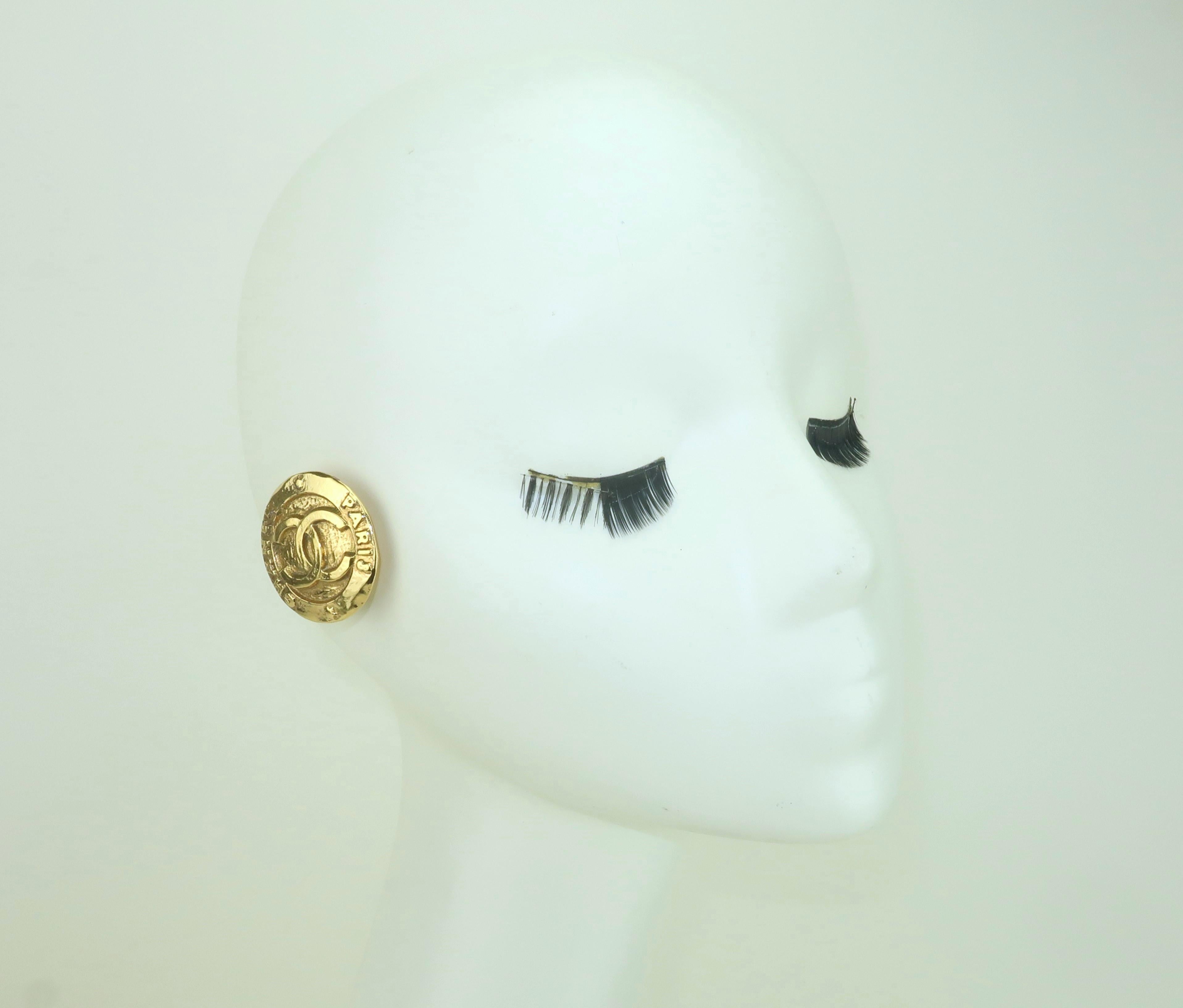 Vintage CHANEL Gold Tone Button Style Logo Earrings, C.1990 4