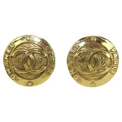 Vintage CHANEL Gold Tone Button Style Logo Earrings, C.1990