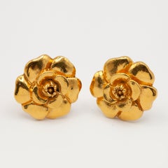 Vintage Chanel Gold Plated Camellia Flower Clip-on Earrings circa 1980s