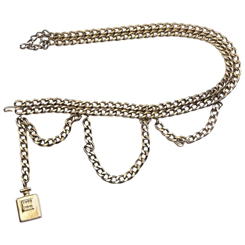 Vintage Chanel Gold Tone Chain Belt With Coco Perfum