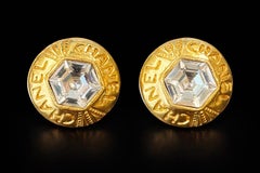 Vintage Chanel Gold-Tone Crystal Clip-On Earrings, Signed, French Jewelry, 1980s