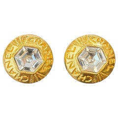 Vintage Chanel Gold-Tone Crystal Clip-On Earrings, Signed, French Jewelry, 1980s