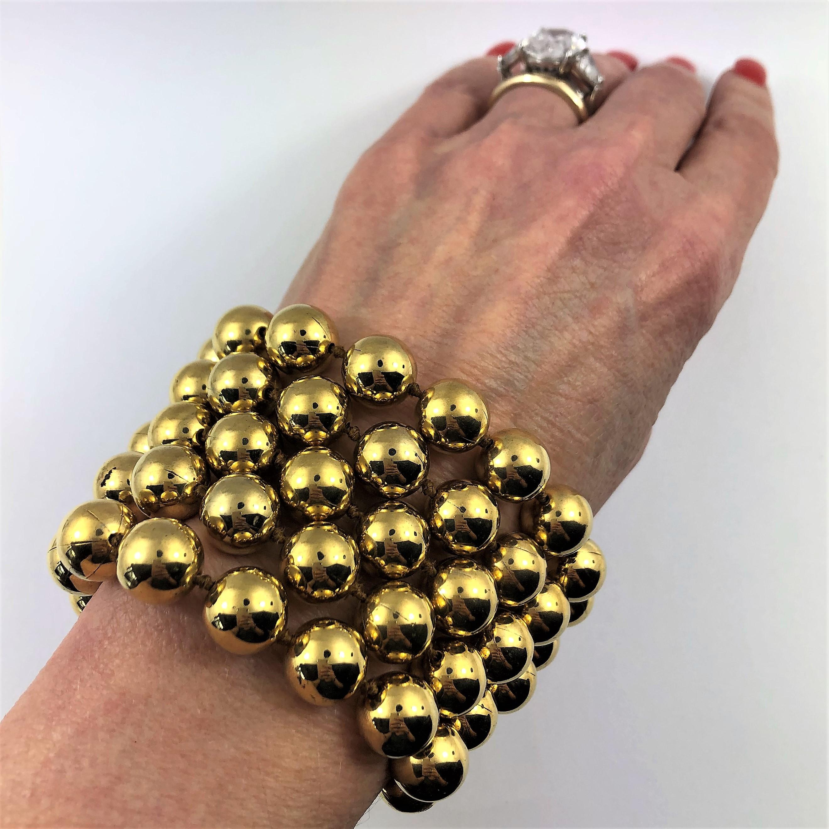 Vintage Chanel Gold Tone Five Row 2 1/4 Inch Wide Ball Bracelet For Sale 3
