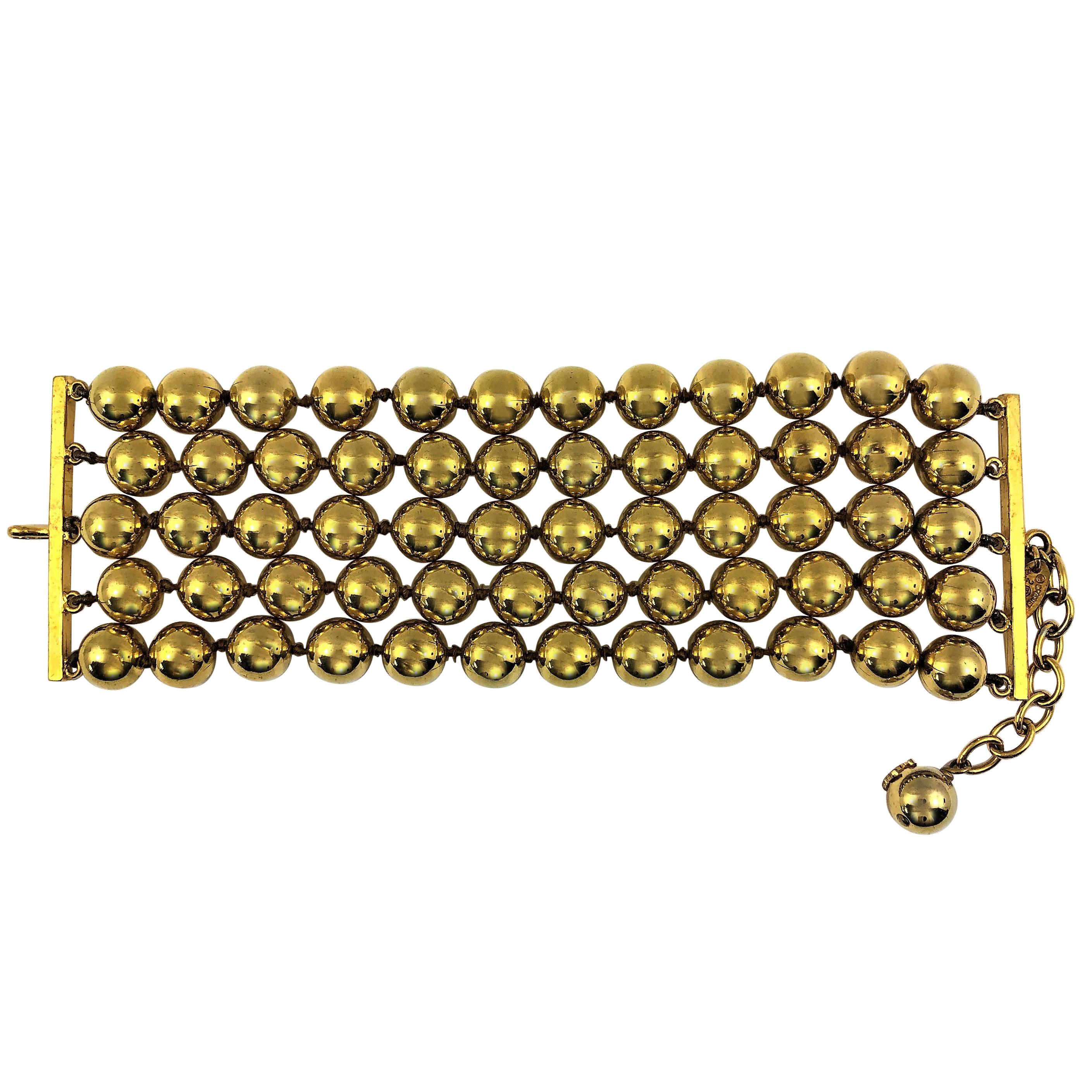 Vintage Chanel Gold Tone Five Row 2 1/4 Inch Wide Ball Bracelet For Sale
