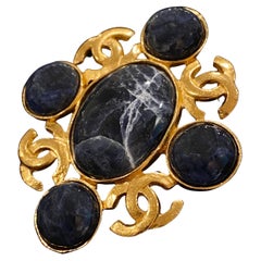 Retro Chanel Gold Tone Gilt Metal CC Logo Lapis Stone Brooch 95A, 1995