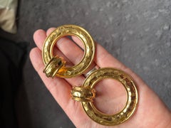 Vintage Chanel Gold Tone Hammered Hoop Clip-On Earrings
