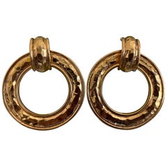 Vintage Chanel Gold Tone Hammered Hoop Clip-On Earrings