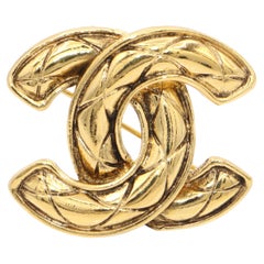 Vintage Chanel Gold Tone Quilted CC Logo Brooch Pin