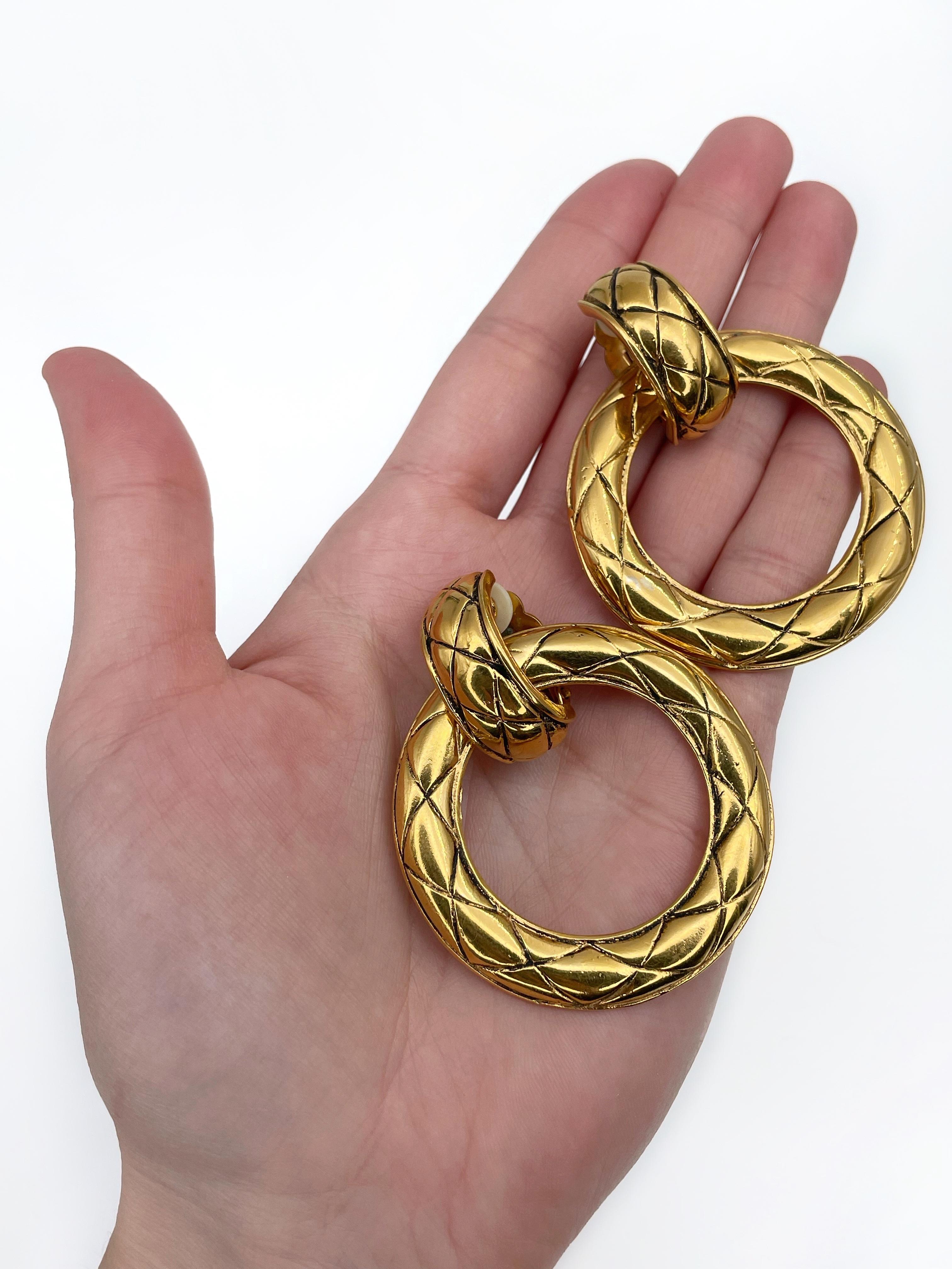 Modern 1990s Vintage Chanel Gold Tone Quilted Large Hoop Clip on Earrings