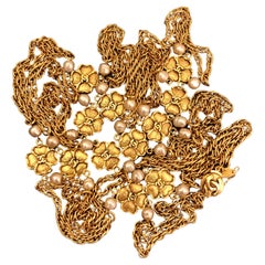 Vintage CHANEL Gold Toned Clover CC Faux Pearl Long Chain Necklace 200cm