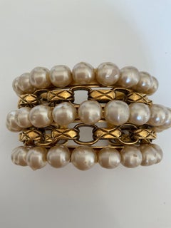 Vintage CHANEL 80’s Haute Couture Gold Toned Cuff Faux Pearls