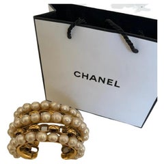 Vintage CHANEL 80’s Haute Couture Gold Toned Cuff Faux Pearls 