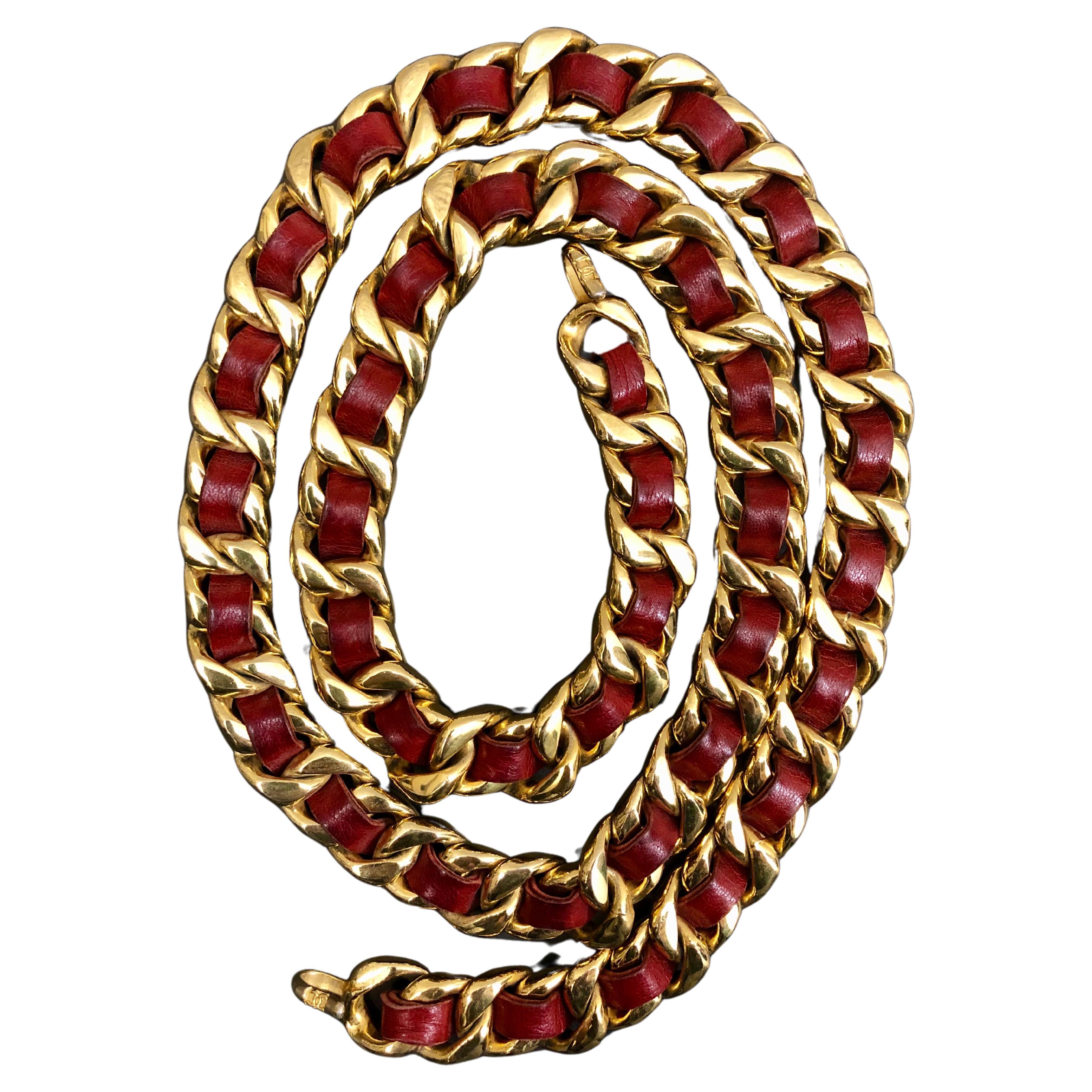 1980s Vintage CHANEL Gold Toned Red Leather Chain Belt Necklace Double Hooked For Sale